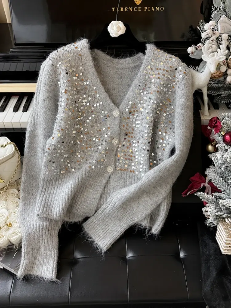 Super Good-looking V-neck Grey Sweater Coat Top Women's Fall High-grade Short Sequin Knit Cardigan Casacos De Trico Feminino