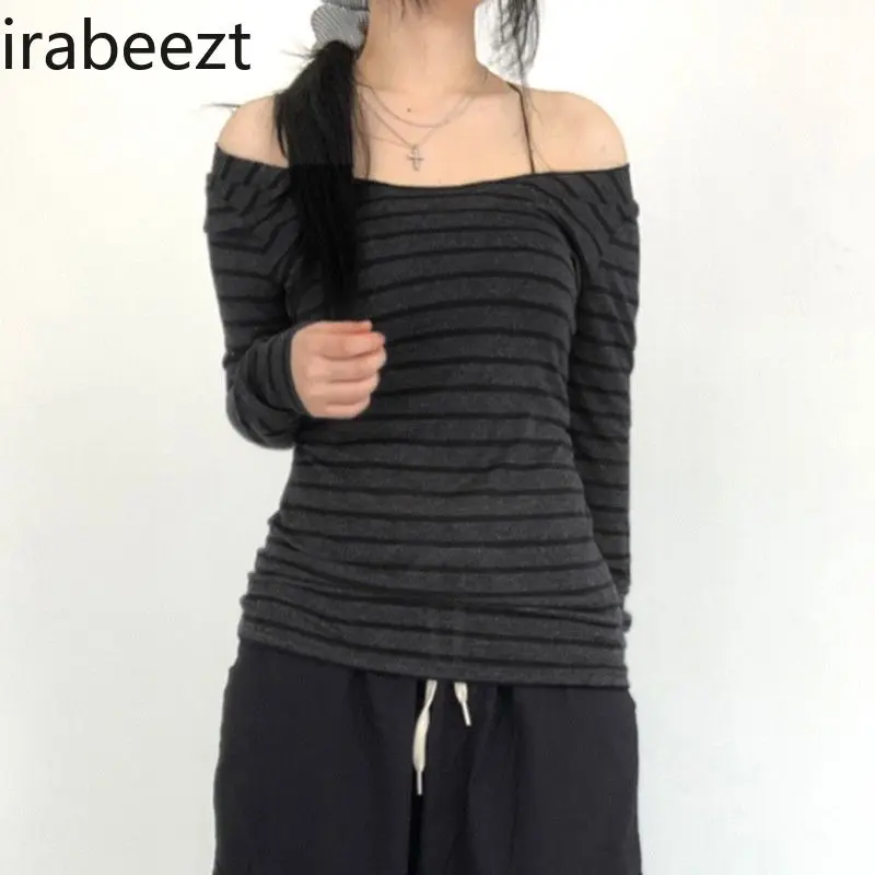 American Retro Striped Long Sleeve T-shirt Women Early Autumn All Fit Base Shirt A Line Shoulder Atmosphere Feeling Top