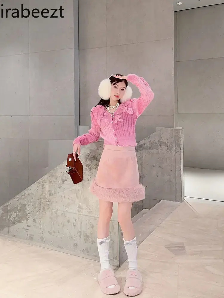 Unique Super Good-looking 2024 Autumn and Winter Women's New Pink Short Rose Gradient Color Sweater Cardigan Knitted Coat