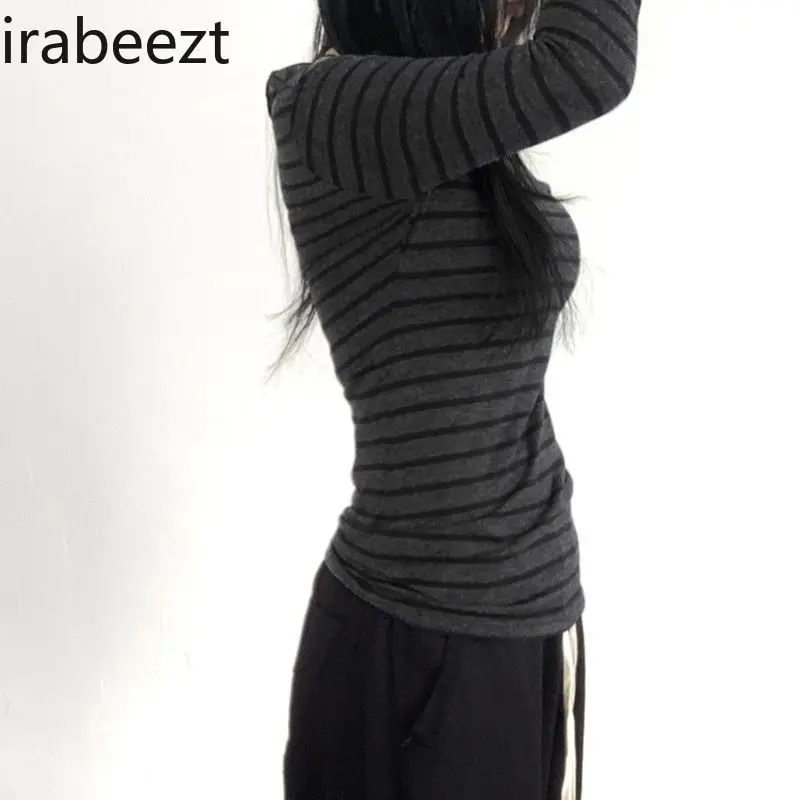 American Retro Striped Long Sleeve T-shirt Women Early Autumn All Fit Base Shirt A Line Shoulder Atmosphere Feeling Top