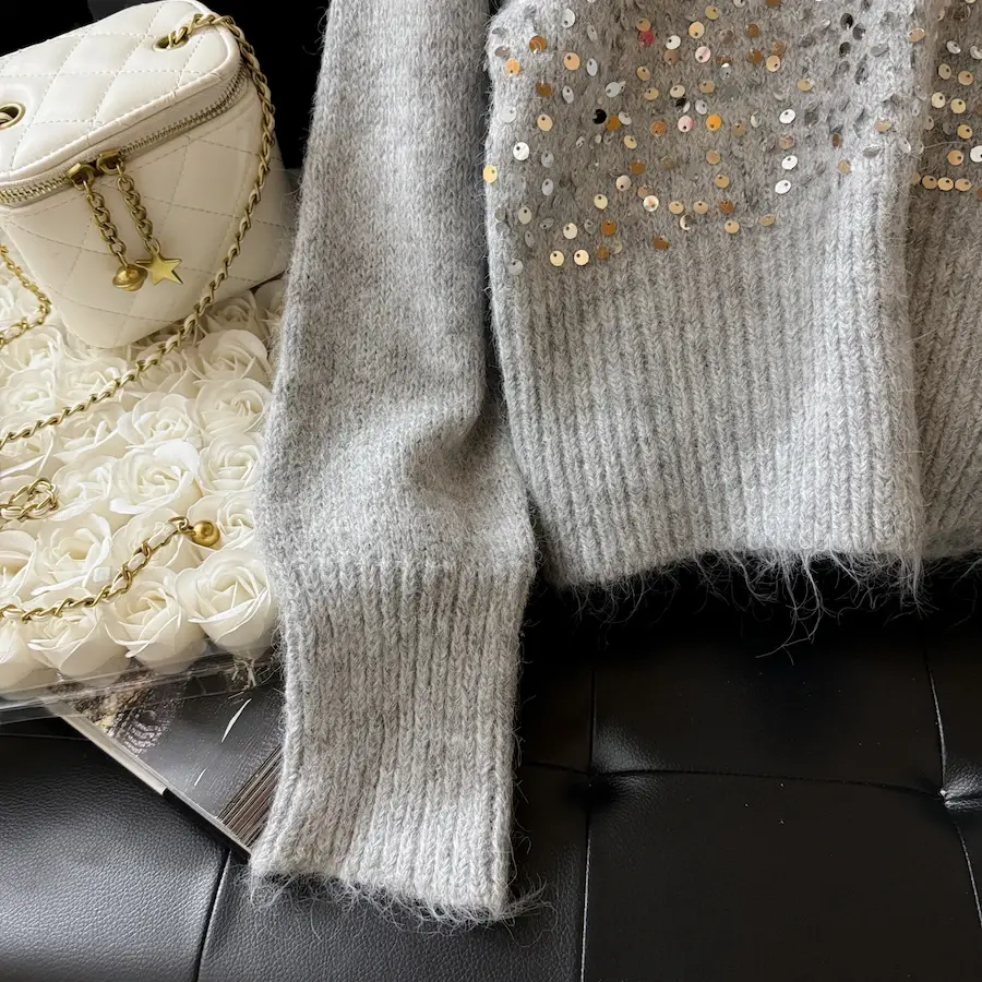 Super Good-looking V-neck Grey Sweater Coat Top Women's Fall High-grade Short Sequin Knit Cardigan Casacos De Trico Feminino