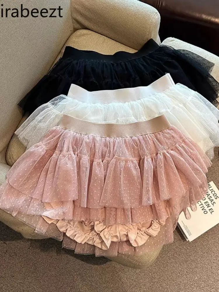 College Style Pink Polka Dot Lace Skirt Female Summer High Waist A-line Cake Shaped Princess Mesh Skirt Faldones Para Mujer