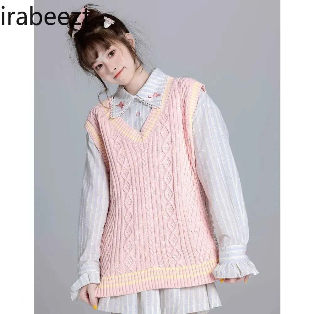 Sweet and Gentle Wind V-neck Pink Knit Cardigan Vest Female New Cute Sweater in Autumn and Winter Niche Women Waistcoat