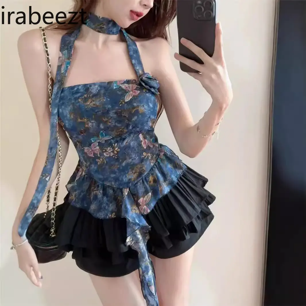 French Butterfly Flower Print Tube Top for Hot Girls in Summer One-shoulder Halterneck Short Beautiful Top for Outer Wear