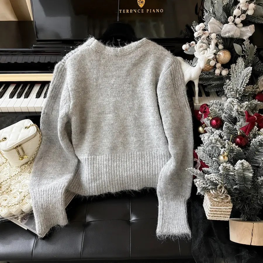 Super Good-looking V-neck Grey Sweater Coat Top Women's Fall High-grade Short Sequin Knit Cardigan Casacos De Trico Feminino