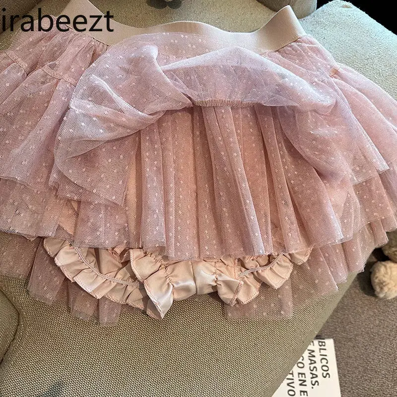 College Style Pink Polka Dot Lace Skirt Female Summer High Waist A-line Cake Shaped Princess Mesh Skirt Faldones Para Mujer
