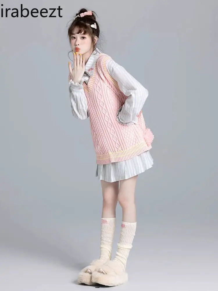 Sweet and Gentle Wind V-neck Pink Knit Cardigan Vest Female New Cute Sweater in Autumn and Winter Niche Women Waistcoat
