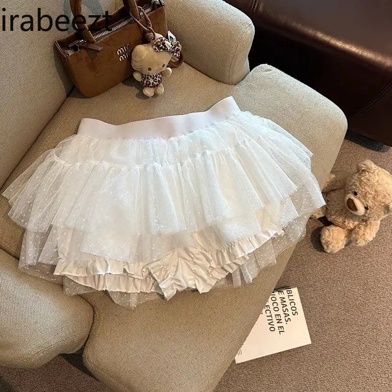 College Style Pink Polka Dot Lace Skirt Female Summer High Waist A-line Cake Shaped Princess Mesh Skirt Faldones Para Mujer
