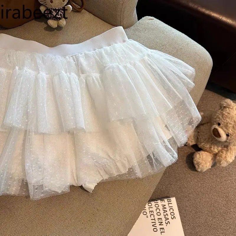 College Style Pink Polka Dot Lace Skirt Female Summer High Waist A-line Cake Shaped Princess Mesh Skirt Faldones Para Mujer