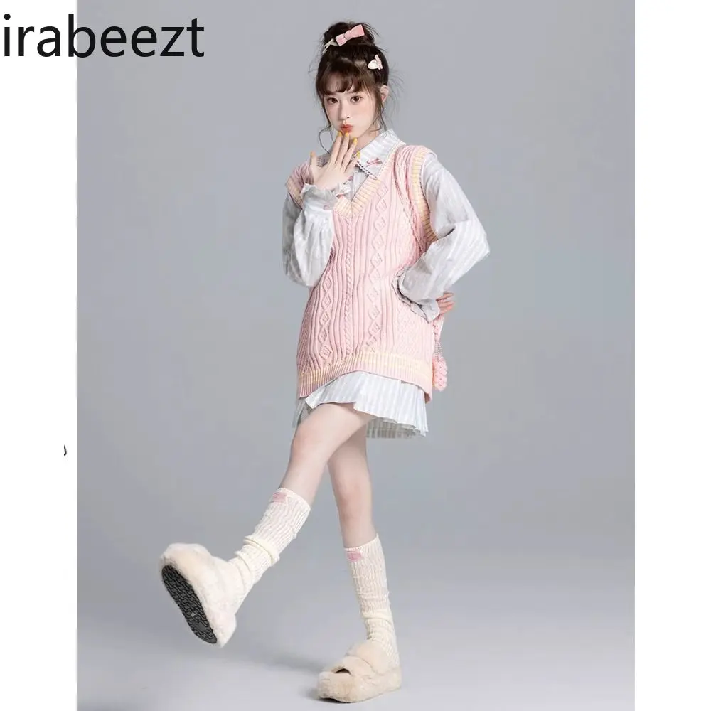 Sweet and Gentle Wind V-neck Pink Knit Cardigan Vest Female New Cute Sweater in Autumn and Winter Niche Women Waistcoat