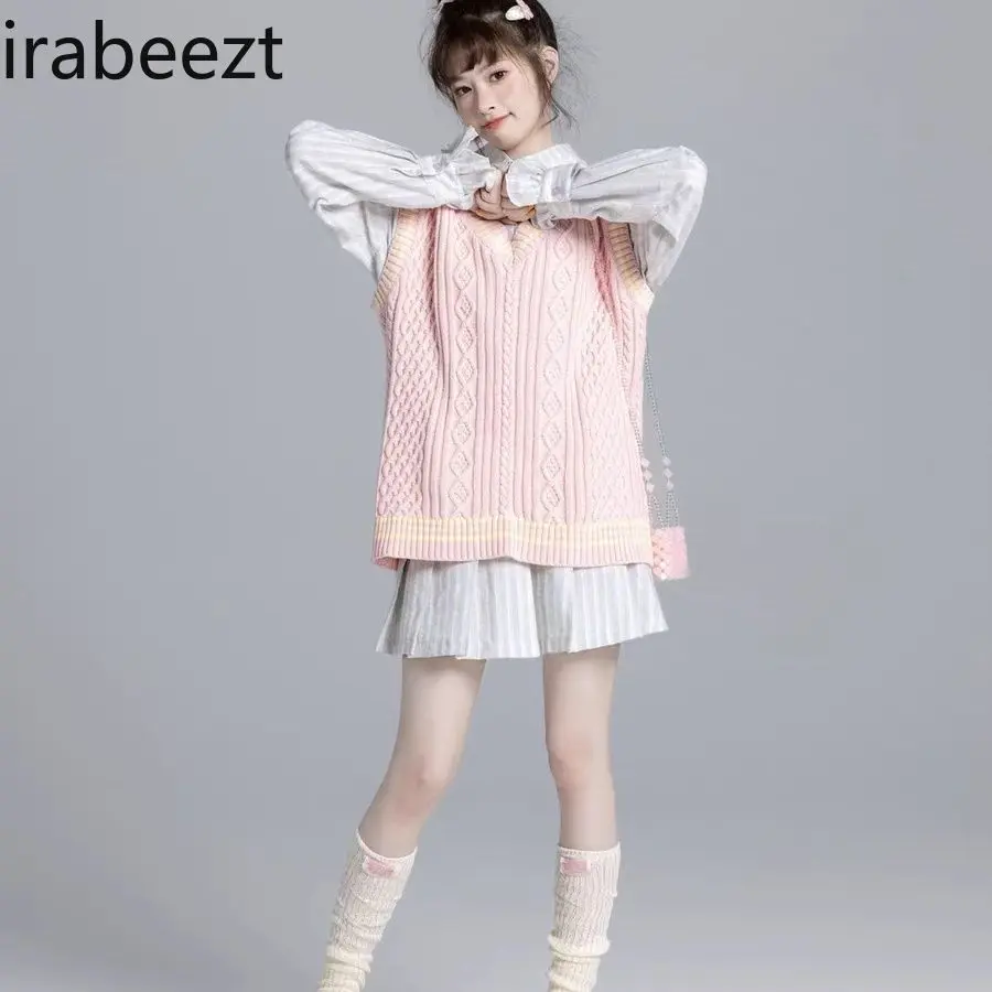Sweet and Gentle Wind V-neck Pink Knit Cardigan Vest Female New Cute Sweater in Autumn and Winter Niche Women Waistcoat