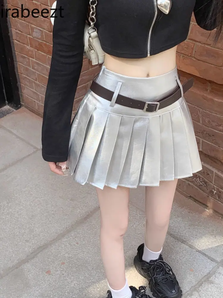 Silver PU Leather High Waist Half Pack Female Spice Anti-slip Culottes To Make A Thin A-line Pleated Skirt Falda Aesthetic