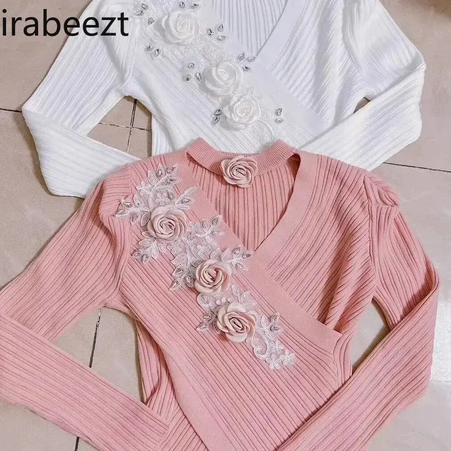 Heavy Nail Bead Knitwear 2025 Spring New Three-dimensional Rose Top Slim Fit Winter Clothes Women Sueter Mujer