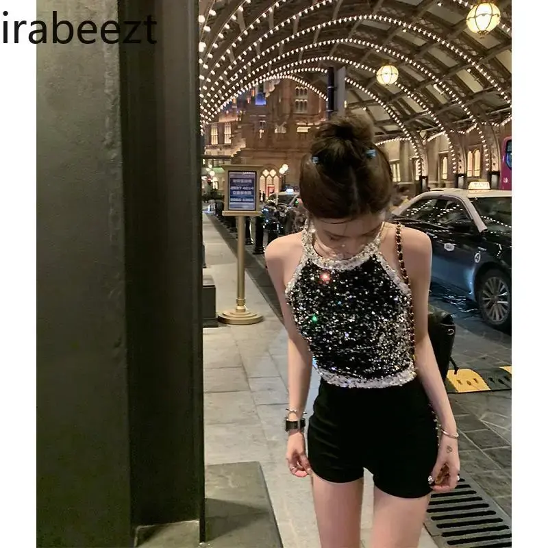 Sequin Camis Woman Crop Tops Y2K Tank Top Gothic Clothes Fashion Design Cute Shirts High Sense Hanging Neck Halter Vest