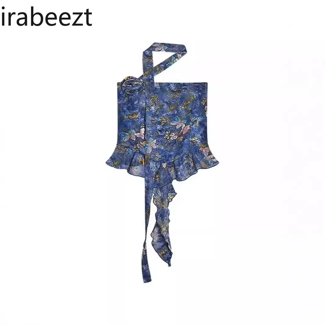 French Butterfly Flower Print Tube Top for Hot Girls in Summer One-shoulder Halterneck Short Beautiful Top for Outer Wear