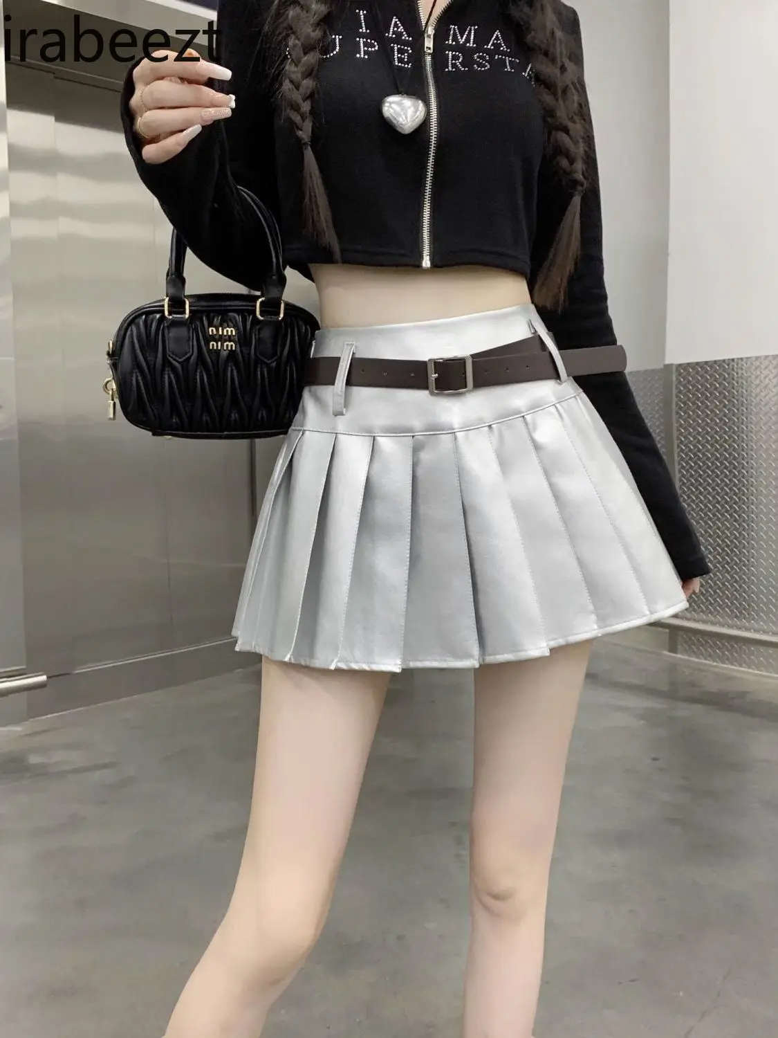 Silver PU Leather High Waist Half Pack Female Spice Anti-slip Culottes To Make A Thin A-line Pleated Skirt Falda Aesthetic