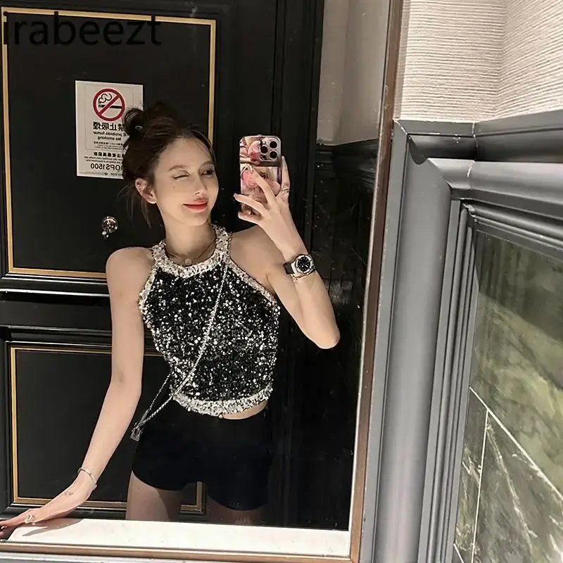 Sequin Camis Woman Crop Tops Y2K Tank Top Gothic Clothes Fashion Design Cute Shirts High Sense Hanging Neck Halter Vest