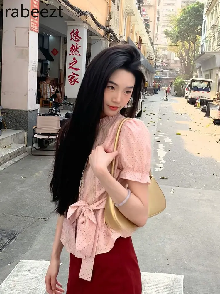 Women's Pink Short Sleeve Shirt Summer Casual Blouse with Polka Dot & Lace Trim Tops Tee for Skirt Sets Fashion Trendy Outfit