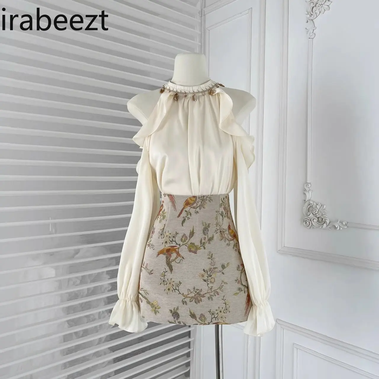 French Chic Off-Shoulder Crop Top + A-Line Printed Midi Skirt Set - Spring Summer 2025 Fashion Women's Two-Piece Outfit