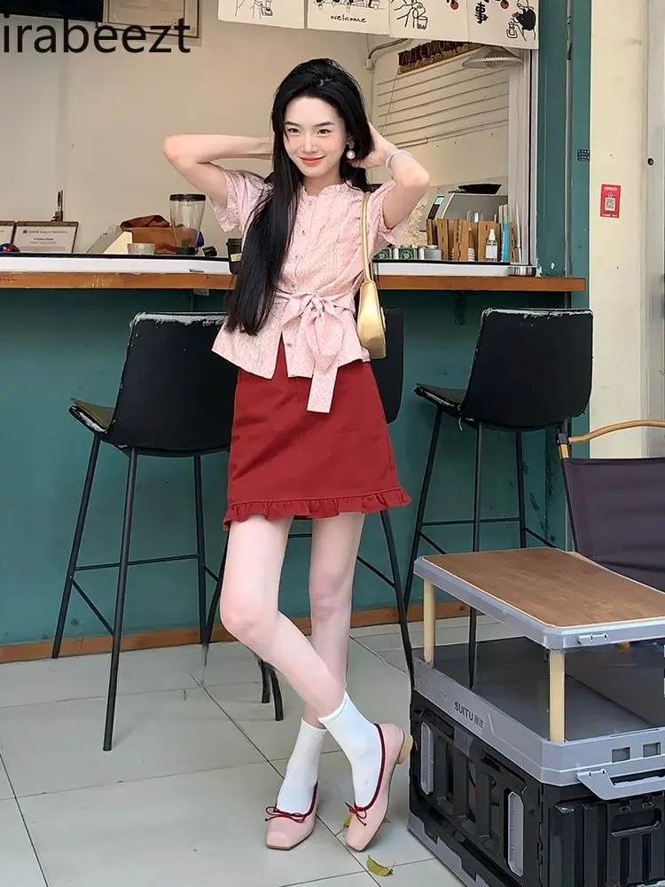 Women's Pink Short Sleeve Shirt Summer Casual Blouse with Polka Dot & Lace Trim Tops Tee for Skirt Sets Fashion Trendy Outfit