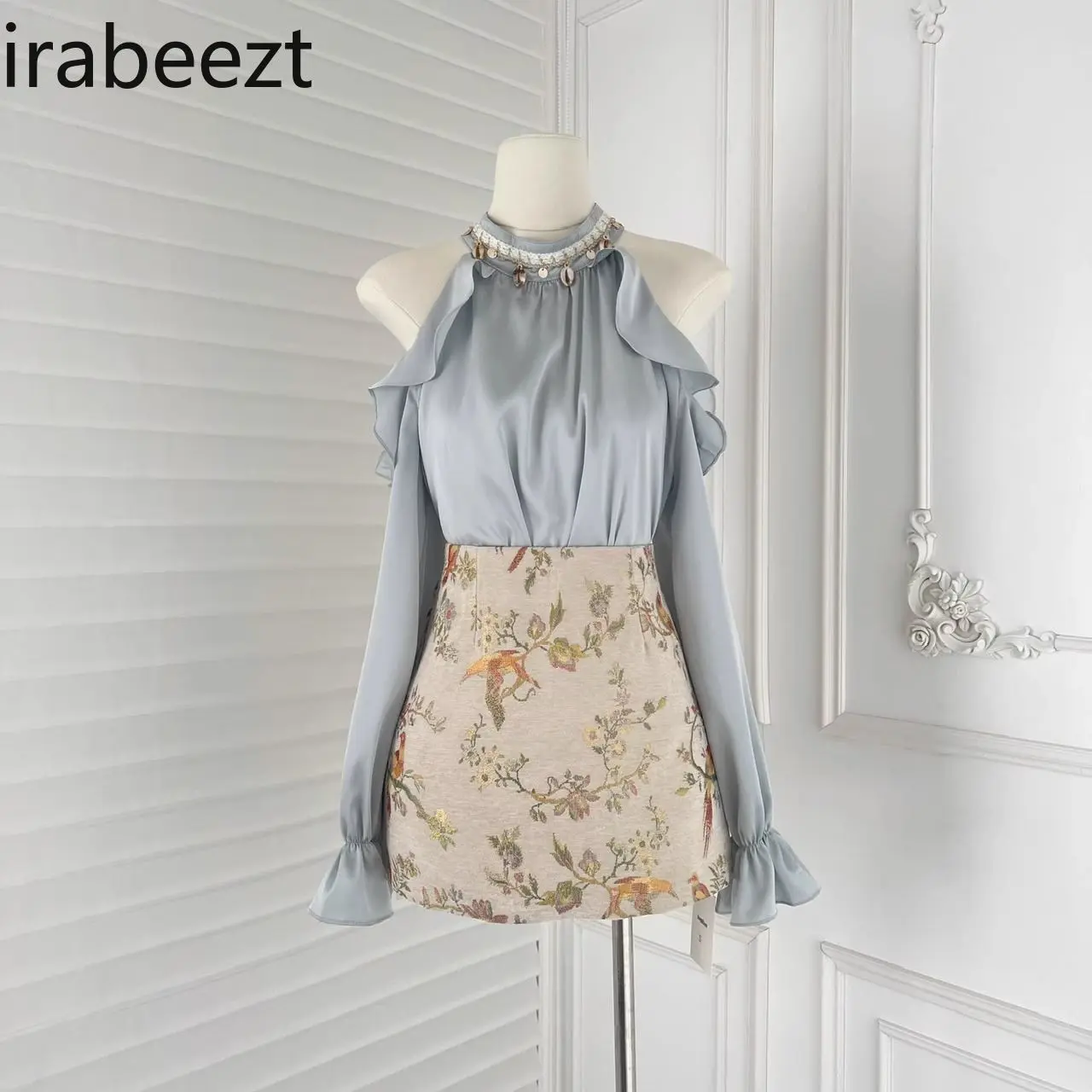 French Chic Off-Shoulder Crop Top + A-Line Printed Midi Skirt Set - Spring Summer 2025 Fashion Women's Two-Piece Outfit