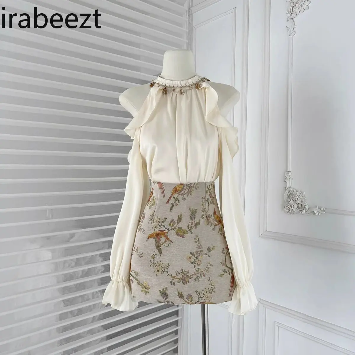 French Chic Off-Shoulder Crop Top + A-Line Printed Midi Skirt Set - Spring Summer 2025 Fashion Women's Two-Piece Outfit