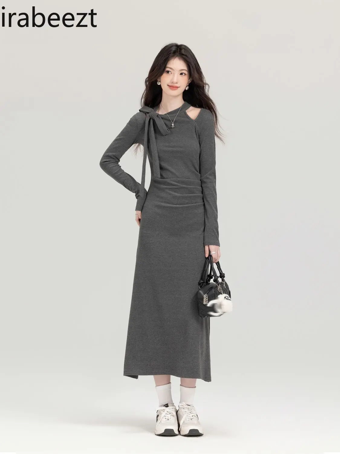 Design Niche Gray Temperament Long Sleeved Robe Female Autumn Style High-end Bow Halter Neck Summer Dress