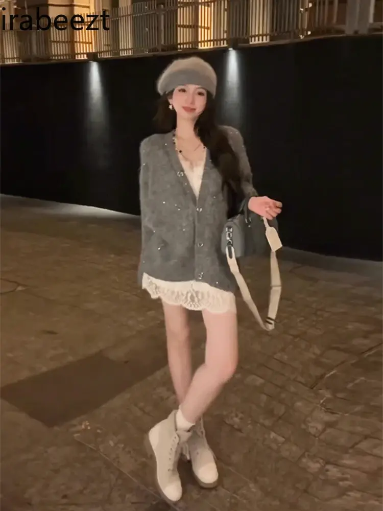 Sexy Lace Halter Dress Sweater Cardigan Suit Slimming Two-piece Fall New Women's Wear Ensemble Femme 2 Pièces Été