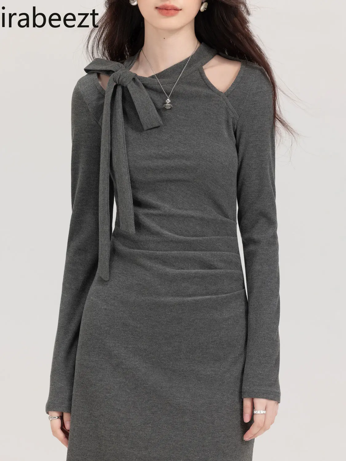 Design Niche Gray Temperament Long Sleeved Robe Female Autumn Style High-end Bow Halter Neck Summer Dress