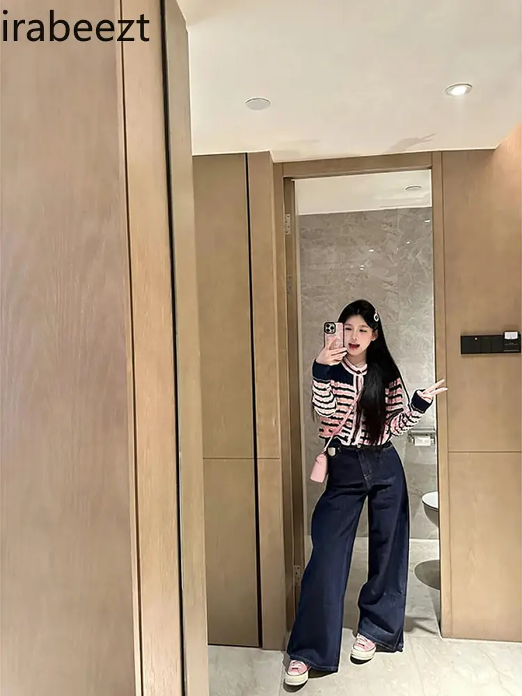 Sweet Round Neck Short Knit Cardigan Niche Design Sense Pink Striped Sweater Coat Female Autumn and Winter Long Sleeve Top