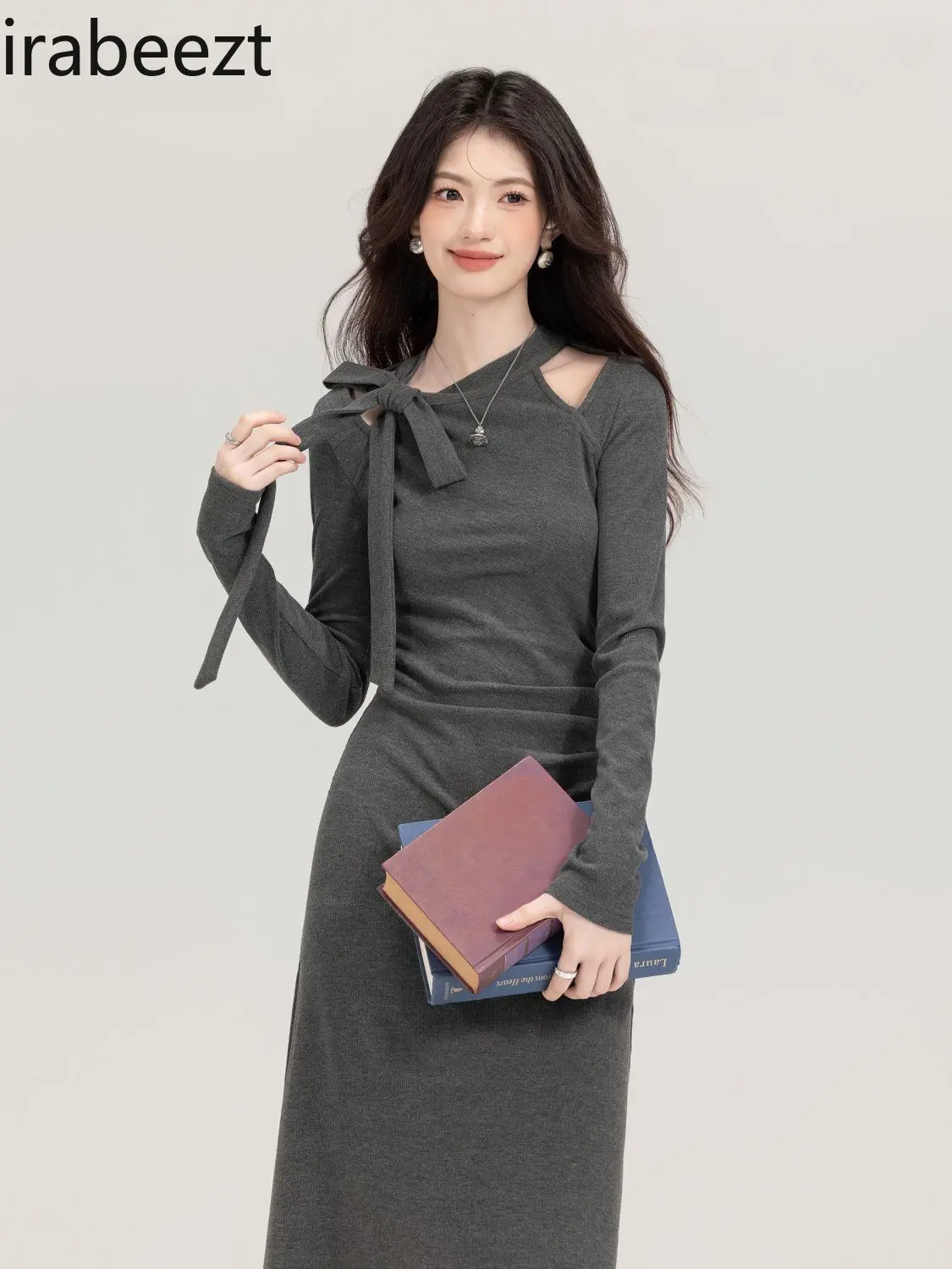 Design Niche Gray Temperament Long Sleeved Robe Female Autumn Style High-end Bow Halter Neck Summer Dress