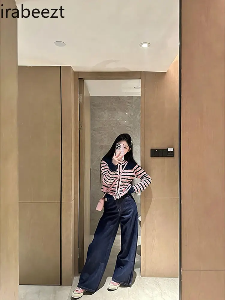 Sweet Round Neck Short Knit Cardigan Niche Design Sense Pink Striped Sweater Coat Female Autumn and Winter Long Sleeve Top