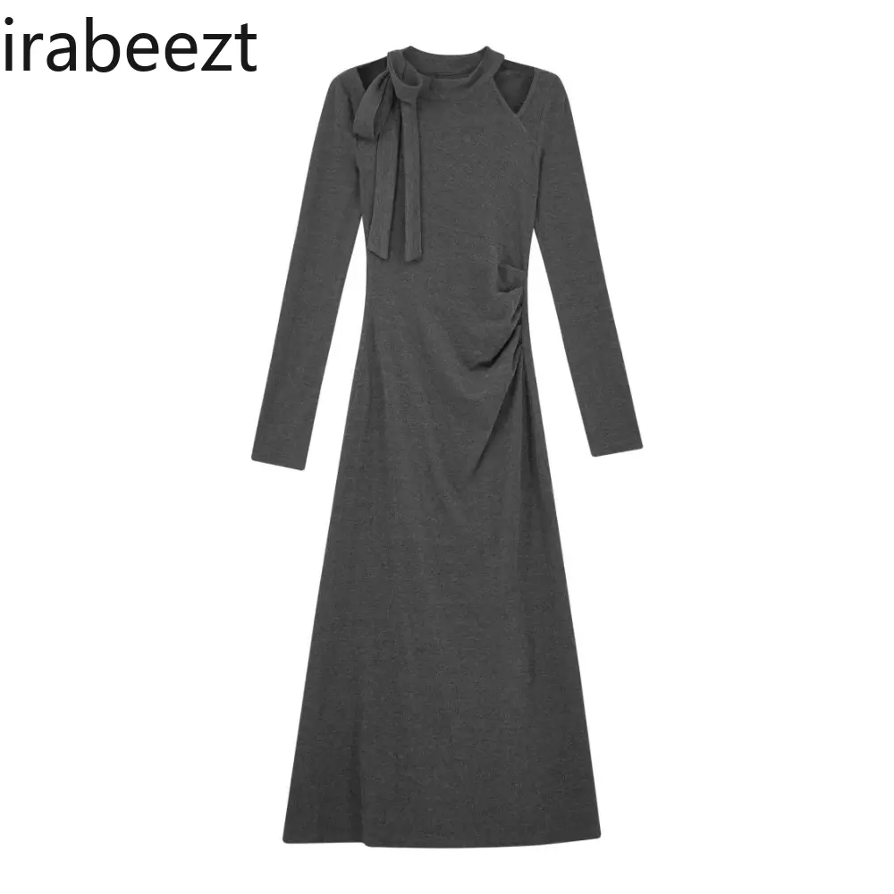 Design Niche Gray Temperament Long Sleeved Robe Female Autumn Style High-end Bow Halter Neck Summer Dress