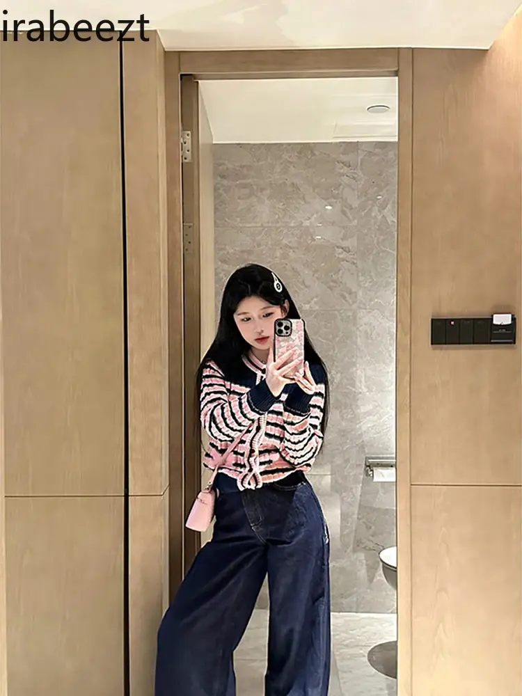 Sweet Round Neck Short Knit Cardigan Niche Design Sense Pink Striped Sweater Coat Female Autumn and Winter Long Sleeve Top