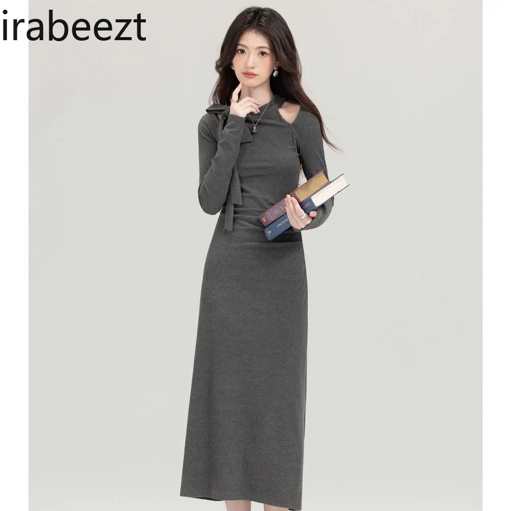 Design Niche Gray Temperament Long Sleeved Robe Female Autumn Style High-end Bow Halter Neck Summer Dress