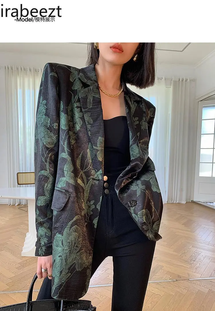 High-grade Black Suit Jacket for Women 2024 Spring and Autumn New French Temperament Age-reducing All-match Printed Blazer