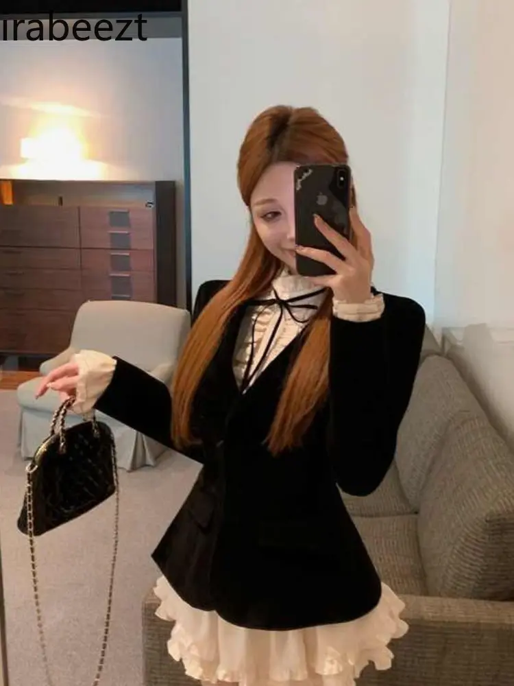 Conjuntos Mujer Dos Piezas De Vestir Plus Size British Retro Black Velvet Suit Jacket Shirt Skirt Three-piece Fashion Suit