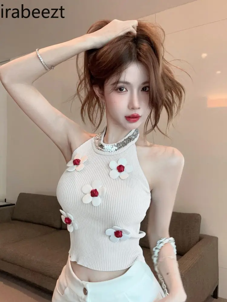 Wearing Summer Thai Style Small Sweet Spice Girl Strapless Shirt Three-dimensional Flower Sequin Halter Tank Top For Women