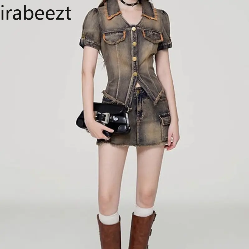 New Millennial Y2K Style Distressed Denim Crop Top & High-Waisted Skirt Set for Women Vintage Ripped Jeans Fashion Casual Outfit
