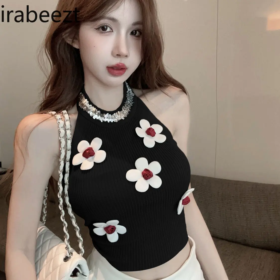 Wearing Summer Thai Style Small Sweet Spice Girl Strapless Shirt Three-dimensional Flower Sequin Halter Tank Top For Women