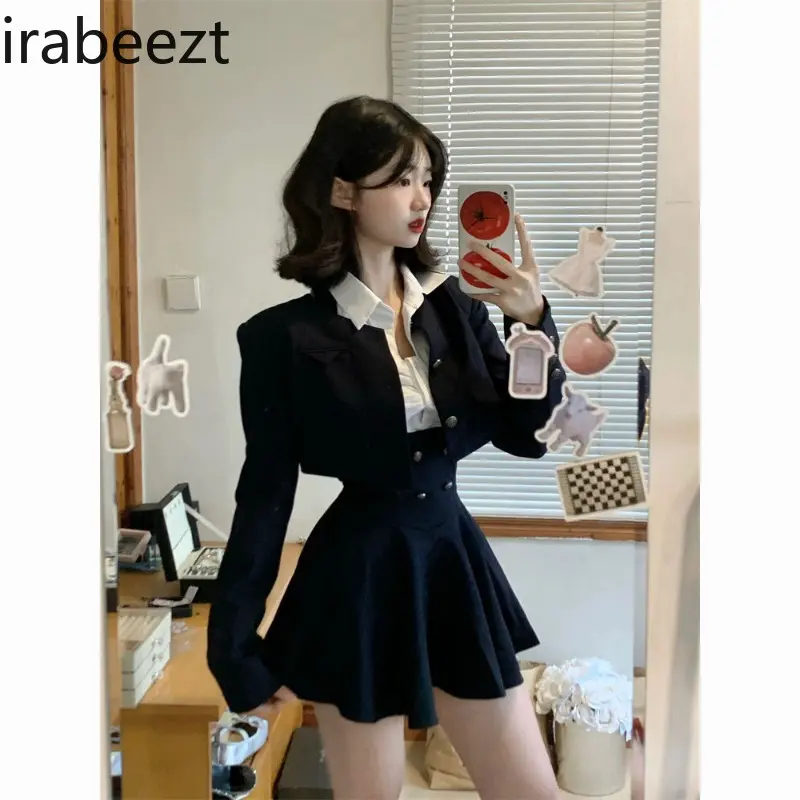 Women's Dress Sets O-Neck Short Coat+Waist Retraction Strap Skirt+White Shirt Academy Style Spicy Girl Three Piece Lady Clothing