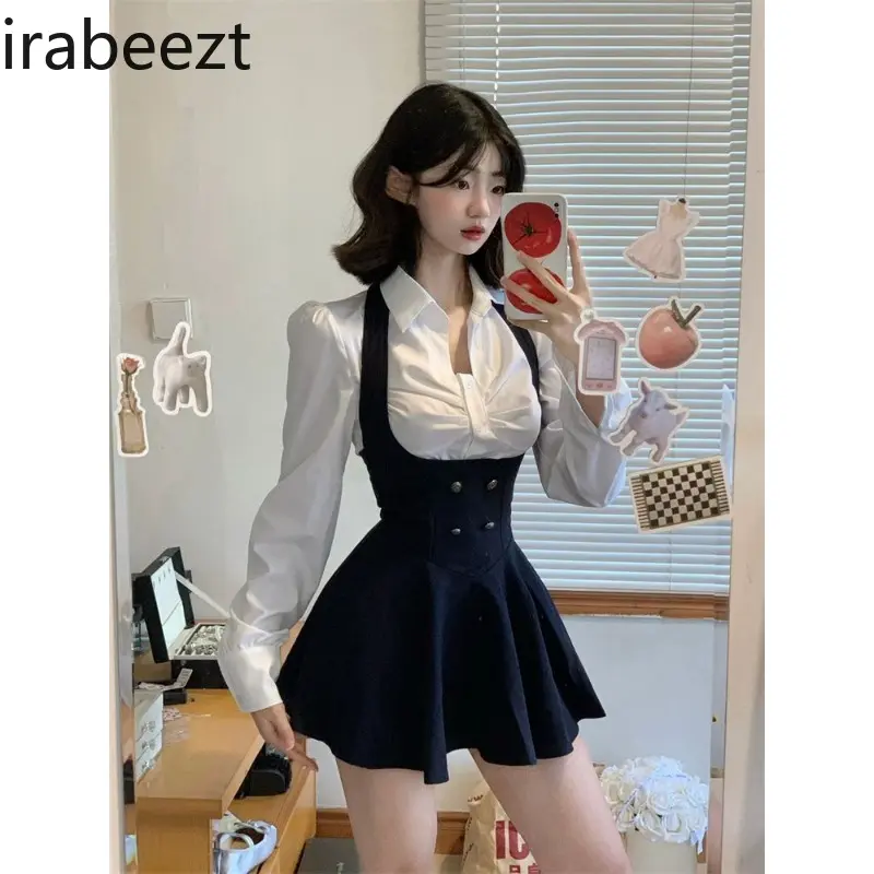 Women's Dress Sets O-Neck Short Coat+Waist Retraction Strap Skirt+White Shirt Academy Style Spicy Girl Three Piece Lady Clothing