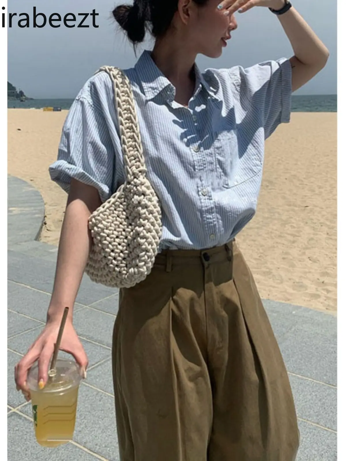 Blue Striped Shirt Short Sleeves Women Summer 2025 New Polo Collar Shirt Design Niche Beautiful Tops Blusas Mujer
