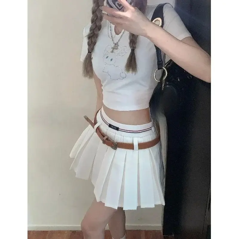 Irabeezt Women's Spring Skirt American Academy Style Retro High Waist Pleated Mini Skirts Korean Style Casual Female Clothes
