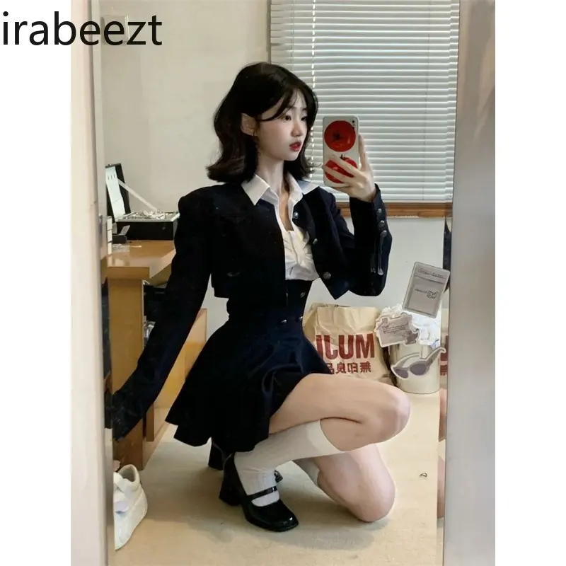 Women's Dress Sets O-Neck Short Coat+Waist Retraction Strap Skirt+White Shirt Academy Style Spicy Girl Three Piece Lady Clothing
