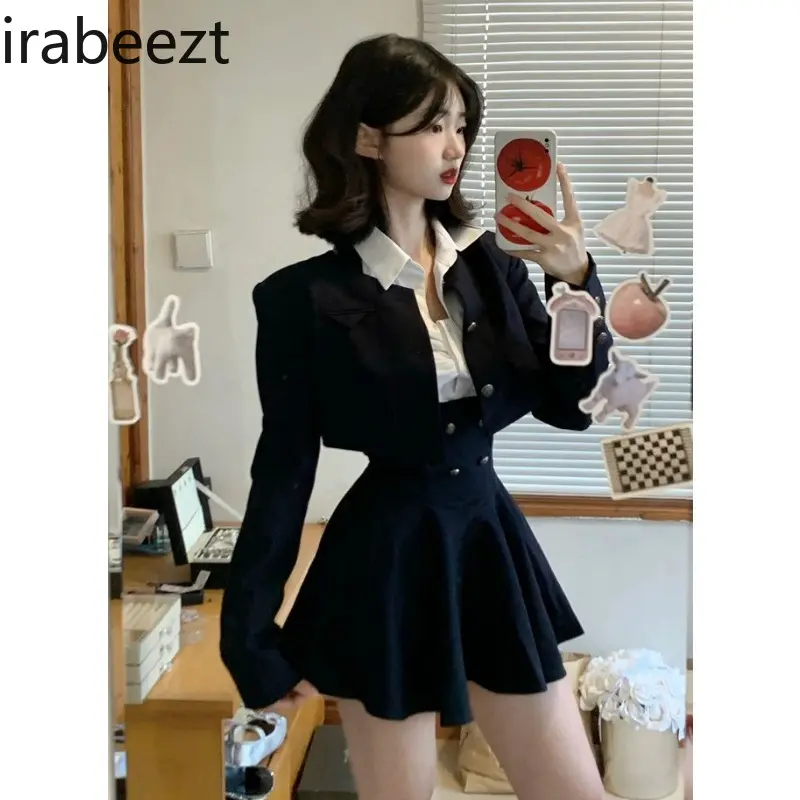 Women's Dress Sets O-Neck Short Coat+Waist Retraction Strap Skirt+White Shirt Academy Style Spicy Girl Three Piece Lady Clothing