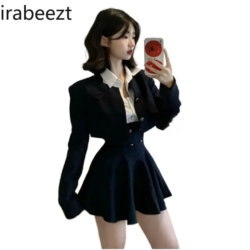Women's Dress Sets O-Neck Short Coat+Waist Retraction Strap Skirt+White Shirt Academy Style Spicy Girl Three Piece Lady Clothing