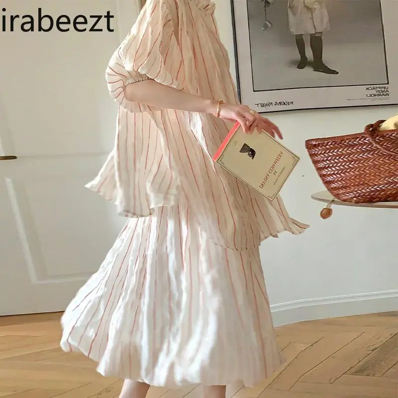 Oversized Shirt with Lantern Sleeves & Standing Collar Pink Striped Blouse Design Sweet Romantic Puffy Skirt for Tall Girls