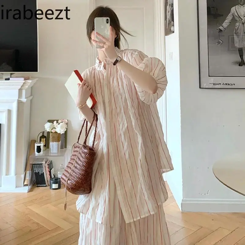 Oversized Shirt with Lantern Sleeves & Standing Collar Pink Striped Blouse Design Sweet Romantic Puffy Skirt for Tall Girls
