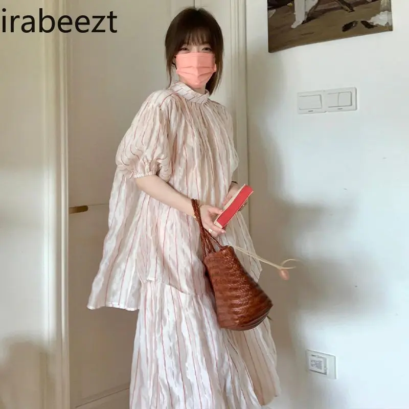 Oversized Shirt with Lantern Sleeves & Standing Collar Pink Striped Blouse Design Sweet Romantic Puffy Skirt for Tall Girls